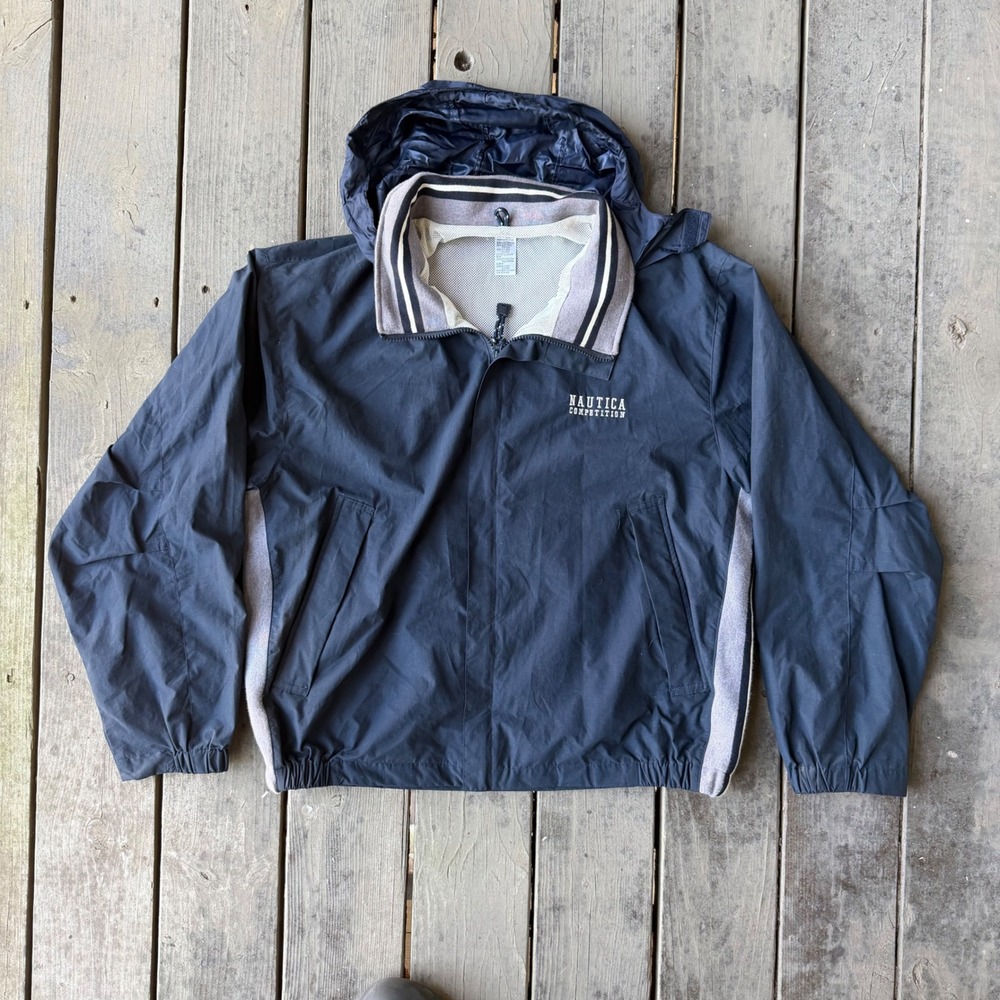 Nautica Competition Vintage Navy Blue Windbreaker Hooded Jacket Mens Large 90s
